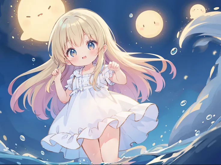 Top Quality, Masterpiece, Ultra High Resolution, Pretty Facial Features, Flat Design, Shoshi no Ko, Hoshino Ai, simple background, giant glowing cute stars, ziyu, colorful, cute girl standing in water, starry sky in background, huge full moon, water ripple...