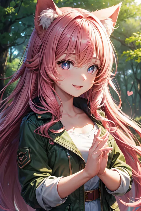 Top quality, high resolution, perfect human structure, background focus, front view, pink hair, shiny hair, cat ears, forest, safari jacket, explore, fun, heart shaped pupils , wavy hair, shiny hair, smiling, beautiful,