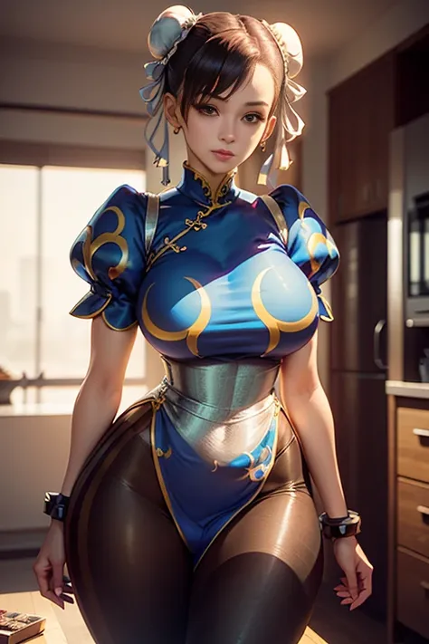 (1girl), (sozinho:1.4), chun-li, sf2 a, 40 anos, mature-looking woman, milf, (em um qipao azul e dourado bordado, clivagem, legg...