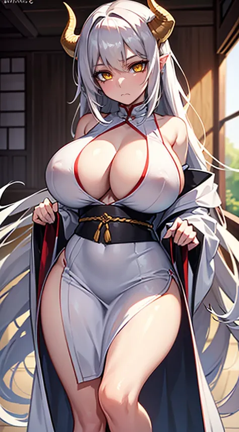 Best Quality, 8k, (masterpiece:1.2), ultra-detailed, expressive background, balance, Demon girl, 1Female, 1Demon-Girl, Yellow eyes, long gray hair, Long hair, Big white horns, White kimono, Sexy white dress, Sensual, Sexy, Sensual body, Huge boobs, Perfect...