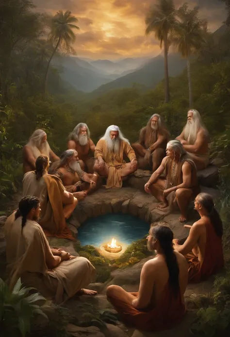 A group of participants sitting in a sacred circle, ready for the Ayahuasca ceremony,original,piercing, insightful eyes that reflect a lifetime of understanding the mind’s mysteries, and lengthy, silver hair that flows like a river down his back, complemen...