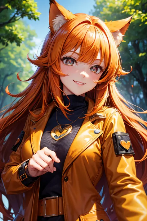 Top quality, high resolution, perfect human structure, background focus, front view, orange hair, shiny hair, cat ears, safari jacket, river, forest, heart shaped pupils, blunt bangs, wavy hair, shiny hair, evil smile, gradient eyes,