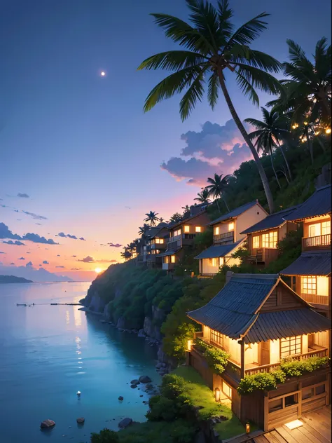 a village harbor at late sunset with a sky background, a distance sailing boat, peaceful night, incredibly beautiful, calm evening, distance forest hills, sea cliff, coconut trees, beautiful anime landscape, view from above, anime movie background, high qu...