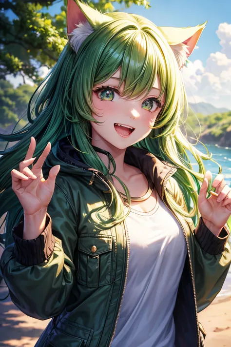 Top quality, high resolution, perfect human structure, background focus, front view, shiny hair, cat ears, green hair, river, safari jacket, multicolored hair, laughing happily, star-shaped pupils, wavy hair