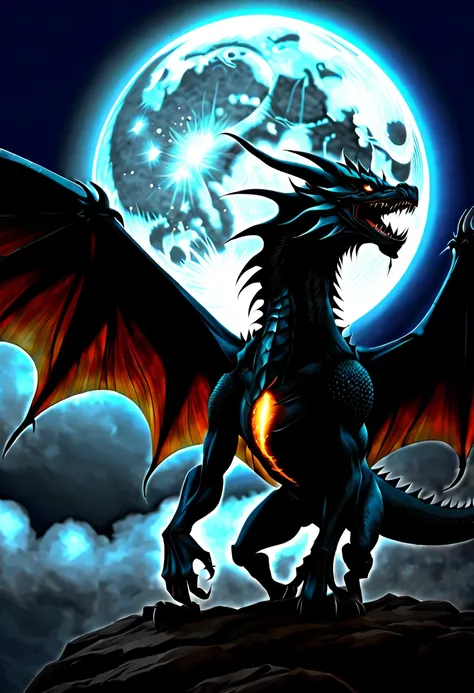 chinesedragon，Black Dragon，There are dragon claws，dragon claw，see the whole body，body，Sharp eyes，surrounded by black lightning，salama，hovering sky，mito，wonderland，the night，Wind and clouds，realisticlying，starrysky，themoon，hyper HD，Very detailed，tmasterpiec...