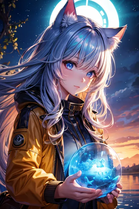 Top quality, high resolution, perfect human structure, background focus, front view, glowing hair, cat ears, iridescent hair, river, animals, safari jacket, bright, gradient eyes, swept bangs,