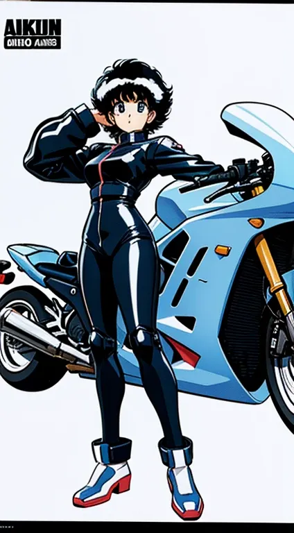 full body picture alone white background 80s retro style anime with futuristic motorcycle hirko araki manga style