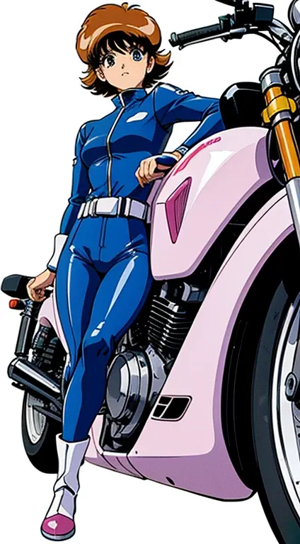 full body picture alone white background 80s retro style anime with futuristic motorcycle hirko araki manga style