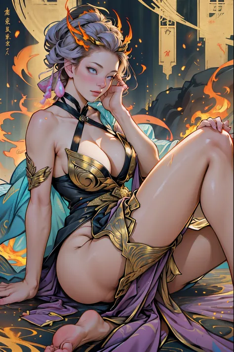 Depicting the goddess of war，She is a great giant，she is a lovely princess，Also a powerful warrior，火焰，lightning in sky，mountaintop foothills，mountain in the distance，(theelementoffire:1.4)，flame of reality，Highly realistic，Correct anatomy，Full body photo，c...