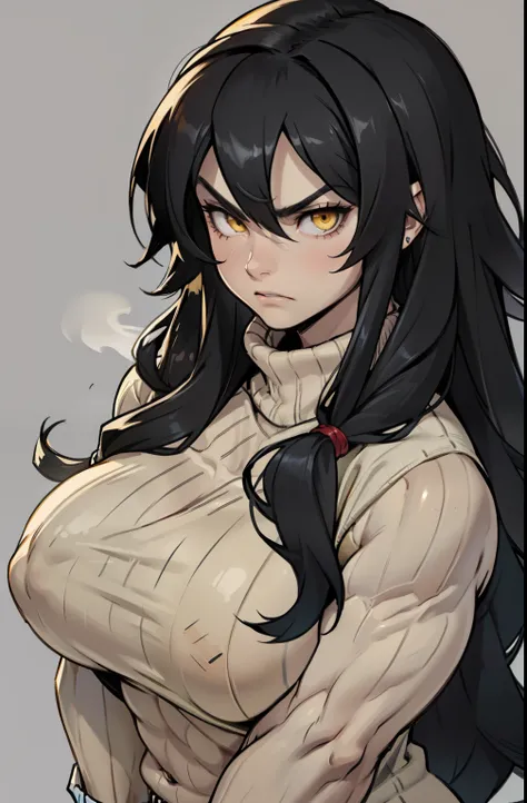 ((grey background)), solo, ((((1 girl)))), very long hair, black hair, angry, yellow eyes, (((((muscular))))), (huge tits), pale skin, slick hair, (sweater) close up