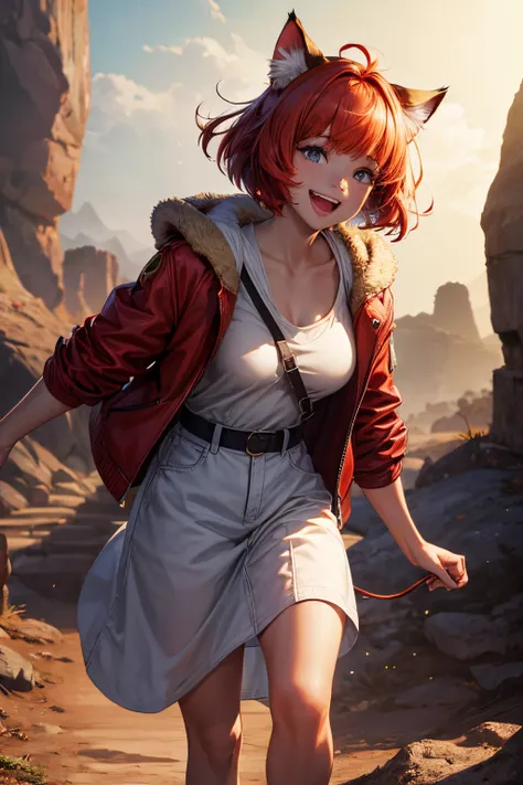 Top quality, high resolution, perfect human structure, background focus, front view, glowing hair, red hair, bowl cut hair, cat ears, cave, safari jacket, laughing happily, walking, heart-shaped eyes