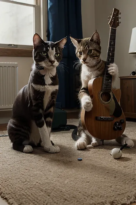 realistic photo of cats playing rock music