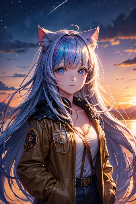 of the highest quality, High resolution, The perfect human structure, Background Focus, Front view, Glowing hair, Cat ears, Iridescent hair, River, Animals, Safari Jacket, Bright, Gradient Eyes, swept bangs,