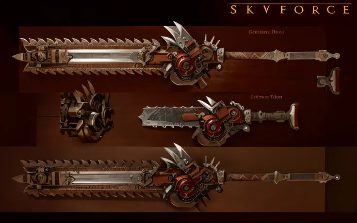 A sword saw seen from different angles, vermelha, Steampunk