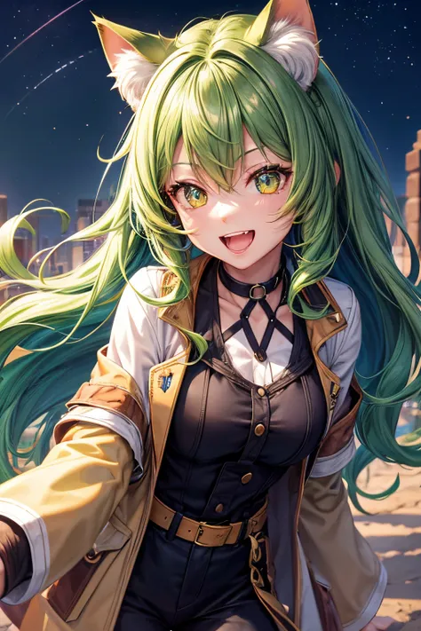 of the highest quality, High resolution, The perfect human structure, Background Focus, Front view, Shiny hair, Cat ears, Green hair, River, Safari Jacket, multicolored hair, Laughing happily, star-shaped pupils, Wavy Hair