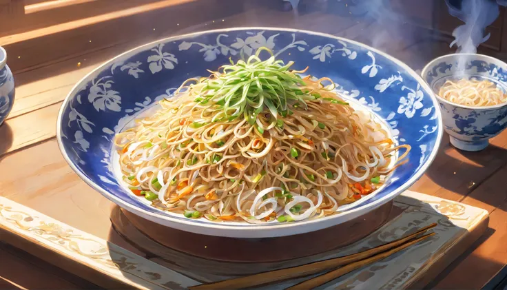 Stir-fried bean sprouts with blue and white porcelain, steam, close-up, anime, modern, super detail, award winning, best quality