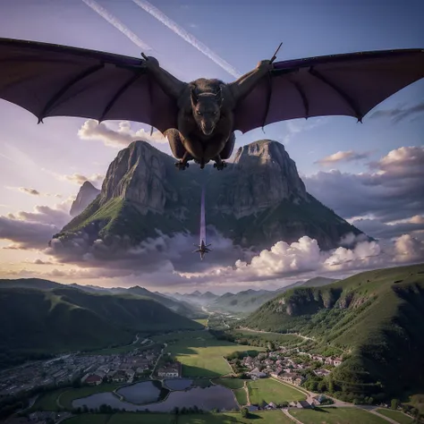 Beautiful planes landscape with a village in the center, purple sky, dragon flying overhead