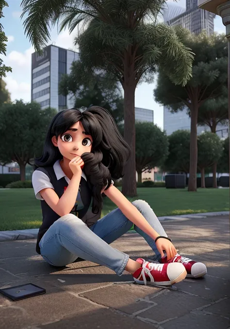 a girl with black hair holding her face sitting on the floor of the square