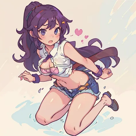 Super Loose unbuttoned super low rise shorts, sexy full body outfit, anime manhwa girl, super mini top