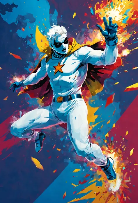 Pop art, Snowy Man in full flight, his body stretched out, with comic book style explosions and vibrant colors, set against a contrasting background, the whole scene looking like a page from a comic book, (best quality, masterpiece, Representative work, of...