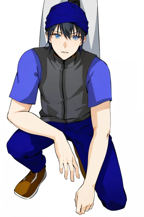 anime boy sitting squat with his hands on his knees, young anime man, anime style character, male anime character, anime character, tall anime guy with blue eyes, as an anime character, cel - shaded art style, cel shaded anime, vector shaded anime, inspire...