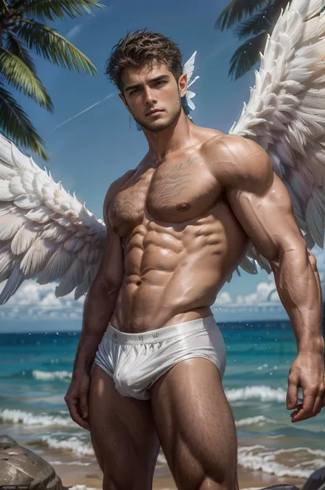 ((1 homem anjo, )), Um retrato de um homem, cabelos longos cacheados e loiro,corpo inteiro, in high definition, em 8K de um ((homem anjo de 18 anos)), (( angel with several majestic wings)), ((sentado em uma pedra, em um jardim florido)), ((colunas gregas,...