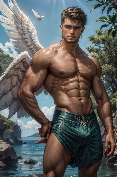 ((1 homem anjo, )), Um retrato de um homem, cabelos longos cacheados e loiro,corpo inteiro, in high definition, em 8K de um ((homem anjo de 18 anos)), (( angel with several majestic wings)), ((sentado em uma pedra, em um jardim florido)), ((colunas gregas,...