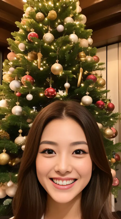 The face is a hostess、coat、hiquality、A hyper-realistic、healthy、Smiling expression、Slender perfect figure、Japan beauties、beautidful eyes、face perfect、Beautiful skin、Christmas tree、Tokyo Tower