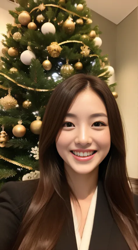 The face is a hostess、coat、hiquality、A hyper-realistic、healthy、Smiling expression、Slender perfect figure、Japan beauties、beautidful eyes、face perfect、Beautiful skin、Christmas tree、Tokyo Tower、The upper part of the body