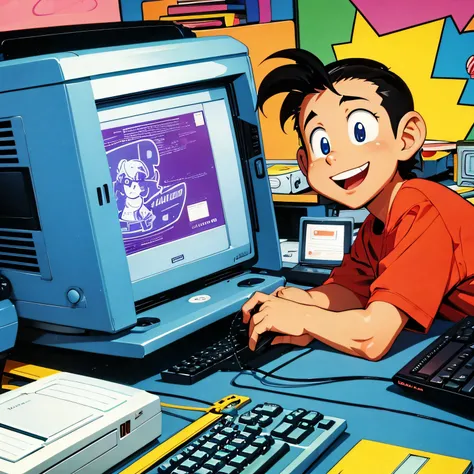 cartoon illustration of a person using a computer in the 90s with a CRT monitor