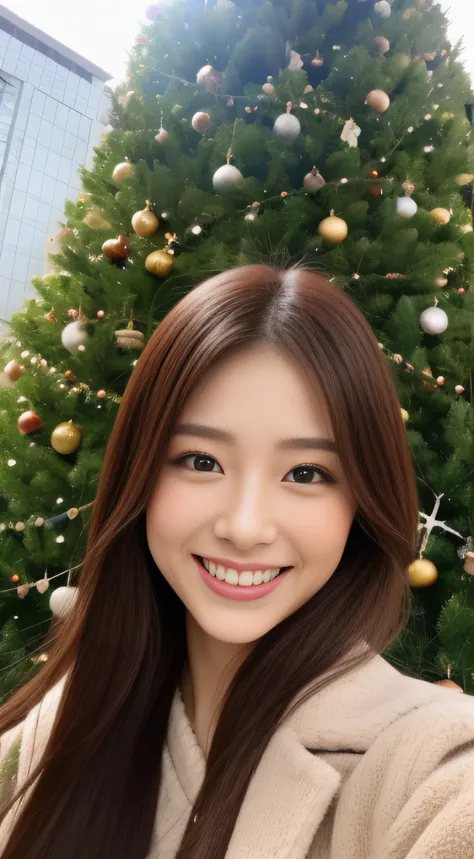 The face is a hostess、coat、hiquality、A hyper-realistic、healthy、Smiling expression、Slender perfect figure、Japan beauties、beautidful eyes、face perfect、Beautiful skin、Christmas tree、Tokyo Tower、The upper part of the body