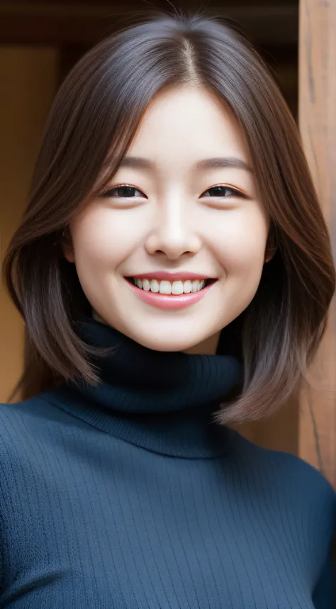 The face is a hostess、wool turtleneck sweater、hiquality、A hyper-realistic、healthy、Smiling expression、Slender perfect figure、Japan beauties、beautidful eyes、face perfect、Beautiful skin、In the crowd、The upper part of the body