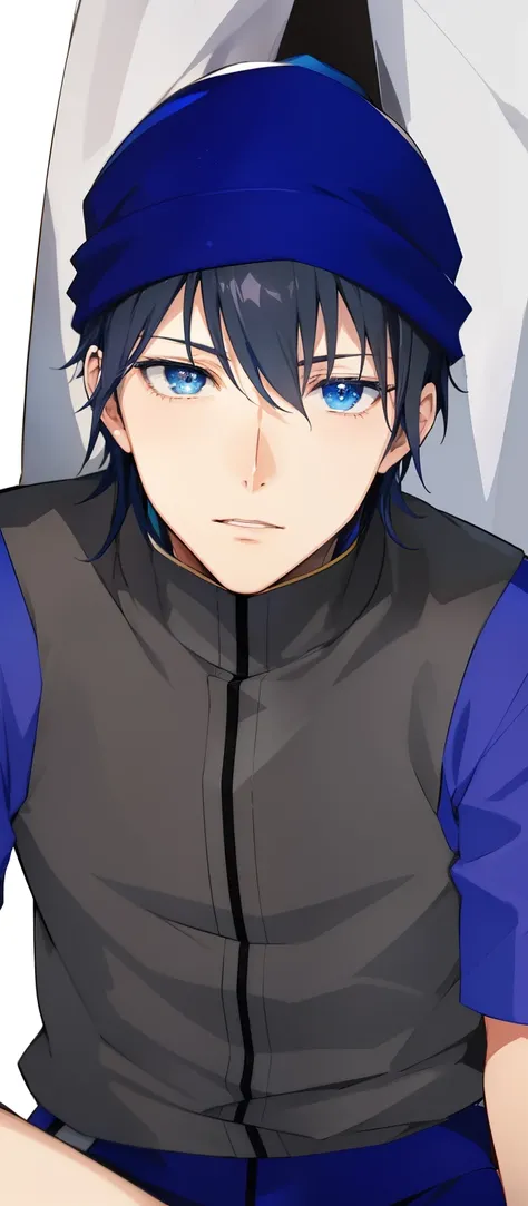 a close up of a person with a blue hat on, tall anime guy with blue eyes, masamune shiro, hijikata toushirou, male anime character, sad cerulean eyes, young anime man, anime style like fate/stay night, hijikata toushirou of gintama, male anime style, okata...