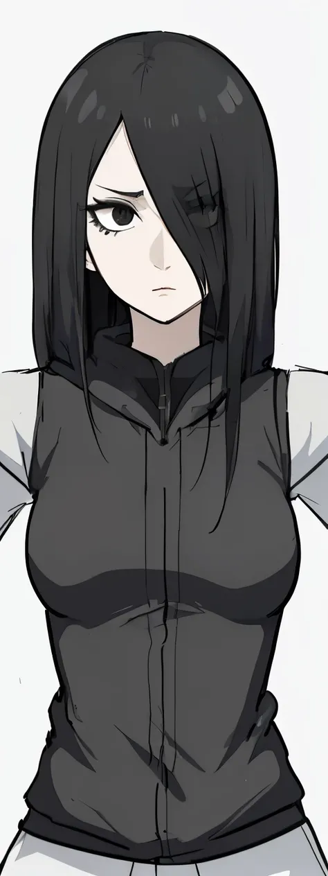 Anime girl with black eye and black hair and cool face, she has black hair, black haired girl wearing hoodie, sui ishida with black hair, in an anime style, as an anime character, cel - shaded art style, black hime cut hair, by Jin Homura, flat anime style...