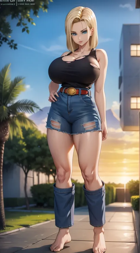 full body, barefoot, standing on bed, masterpiece, best quality, ultra-detailed, absurdres, Potrait of beautiful Android18DB, solo, denim, breasts, belt, big breasts, outdoors, torn_clothes, volumetric lighting, best quality, masterpiece, intricate details...