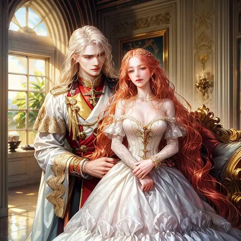 1 man with long straight red hair and golden eyes hugging 1 woman with wavy white hair and pink eyes, royalty, elegant, high quality, highly detailed, detailed face, masterpiece, standing