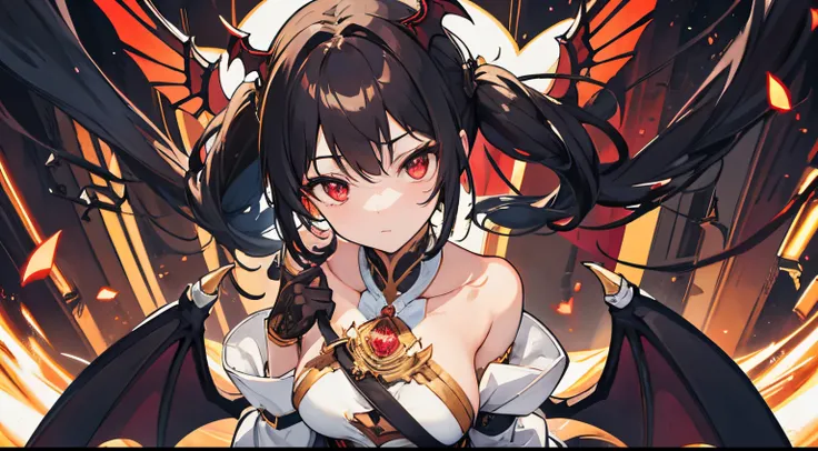 (tmasterpiece), (Best quality at best), (Detailed pubic hair), Light layer, Glow skin, (intricately details , Tight clothes, , demonic wings,hair adornments :1.2), from the above, brunette color hair, Black collar, long whitr hair, hime-cut, maam, bluntban...