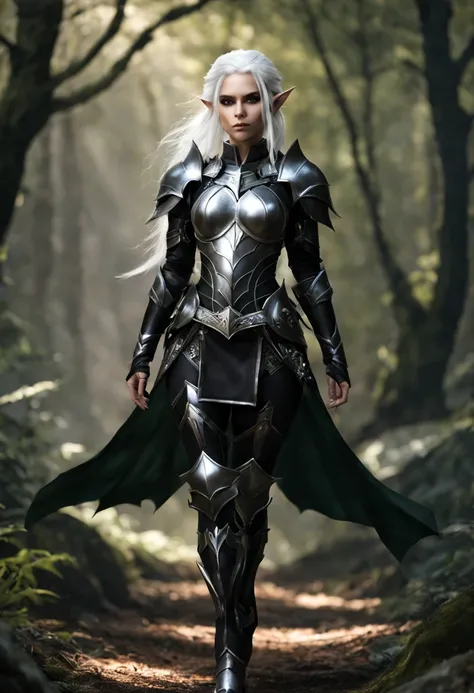 An Elf female with white hair, wearing black full armor, full body pose,