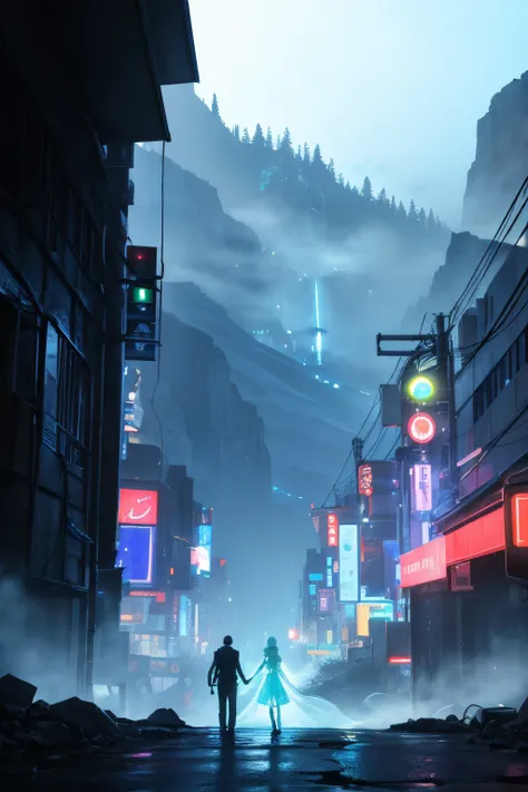 Translucent luminous woman girl figure holding her boyfriend hand walking in the mountains, neon city behind, light trials , valley