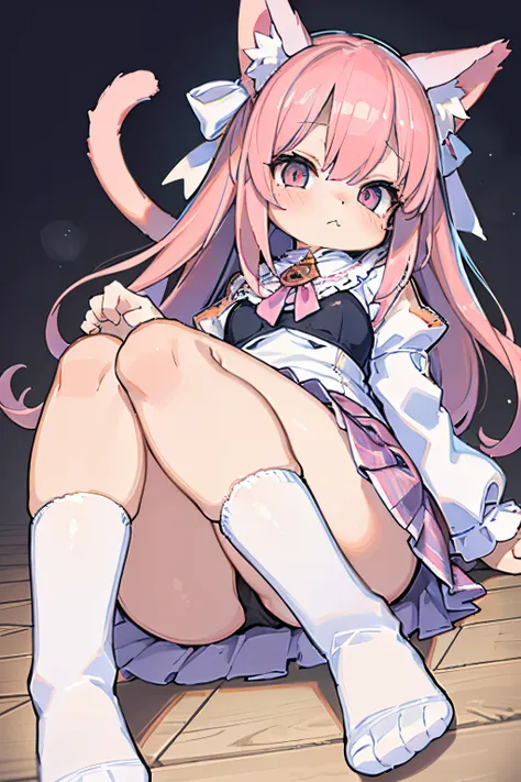 masterpiece, Top quality, Ultra high definition, Maximum resolution, Very detailed,cute girl, cat ears, soft pink hair, soft face, paw beans stocking, cute skirt, slightly showing feet, view from floor, stand on floor, wind lifting skirt,