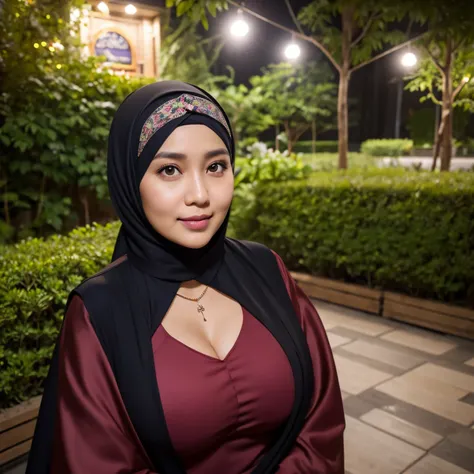 34 Years old, Indonesian MILF, wearing Wide Hijab, perfect curvy body, natural Huge breast : 42.9, gorgeous eyes, Soft smile, wear Gamis, necklace, hairband, Nightime walk, City garden, Excellent lighting, Dark colors, Clean lines