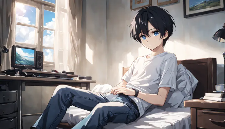 a cinematic still from an anime movie, quaint bedroom single bed, 1 computer on top of the desk, windows with bright sunlight and clouds, 1 boy, short black hair, blue eyes, well-defined and slightly arched eyebrows wearing plain white shirt, denim pants, ...