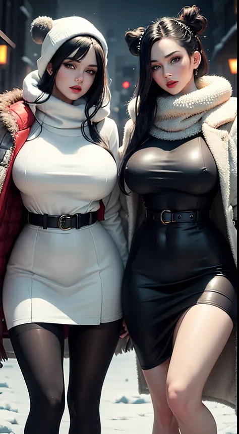 Masterpice, realistic ,high resolution, 4k, unreal engine, twins with beautiful faces,red lips, big boobs, skinny body shape, amazing eyes, white skins, the twin have White and black  hair, Stockings,the twin wearing winter clothes including wool shirt, an...