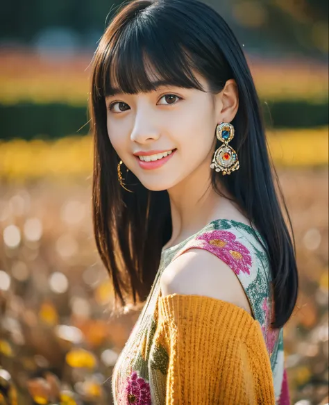 ((Masterpiece)), 8k, Masterpiece, Best Quality, One Girl, Solo, Realistic, Autumn Pavement, Photorealistic, Super Detailed, Detailed Background, (Solo: 1.4), Wearing a Colorful Dress, Happy facial expression, slender body, highly realistic detailed shoulde...