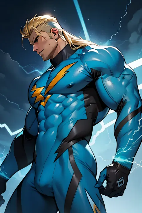 a muscular blonde hero in lightning blue suit