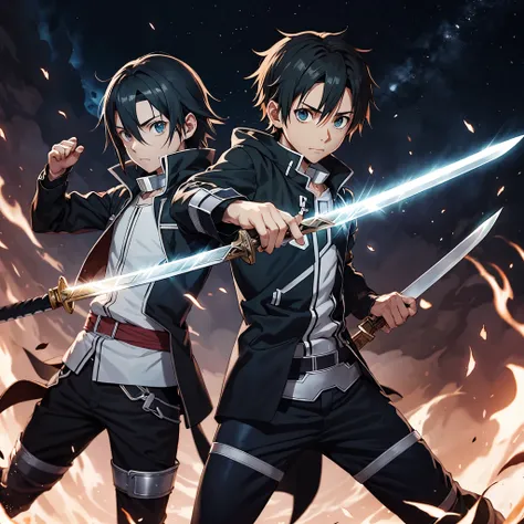 Crie uma imagem do kirito do sword art online lutando contra o sasuke do naruto