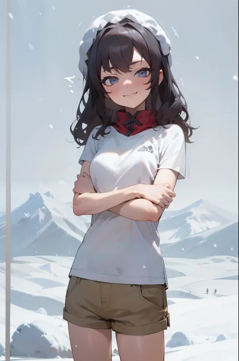 (outdoor, snow mountain, snow:1.3), 1girl, half T-shirt, shorts, standing, folding ones arms, looking at viewer, cowboy shot, (smirk:0.5, cold:1.2, trembling:1.4, wavy mouth), masterpiece, best quality, 8k, perfect anatomy