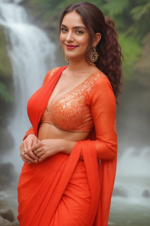 Gorgeous glorious indian actress, in oranges saree, standing in waterfalls, wet hair, burgundy hair, ponytail, curls, 4K details, pretty face, beautiful face, bright eyes, red lipstick, alluring natural breasts, huge breasts, narrow naval, hourglass figure...