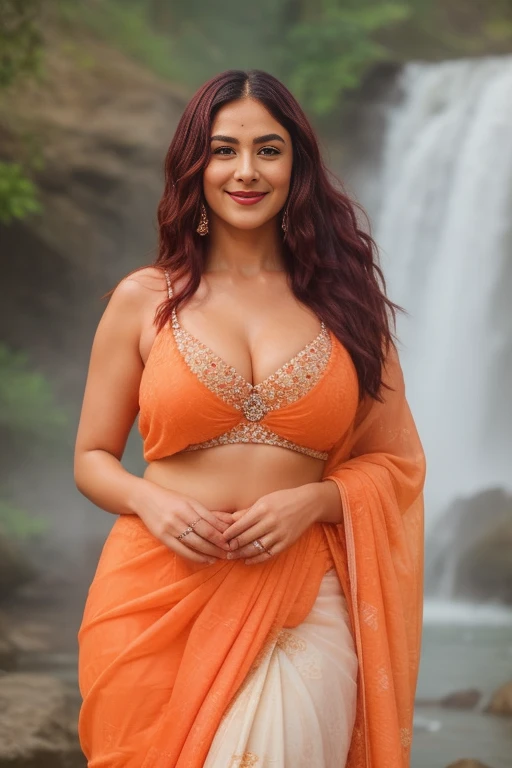 Gorgeous glorious indian actress, in oranges saree, standing in waterfalls, wet hair, burgundy hair, ponytail, curls, 4K details, pretty face, beautiful face, bright eyes, red lipstick, alluring natural breasts, huge breasts, narrow naval, hourglass figure...