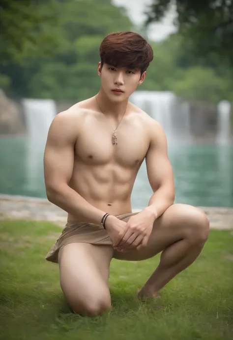 Realistic ,masutepiece, Best Quality, fullnude,Boy, Muscular young man, Korean man with idol face,hight resolution, Portrait, Photo_light, {{}}, ulzzang -6500-v1.1:0.8,In the park